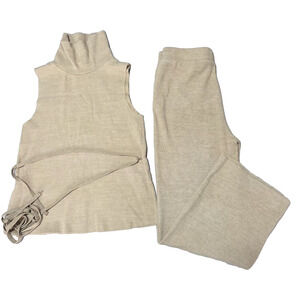 Zara Knit 2 Piece Set Sleeveless Turtleneck Top & Wide Leg Pants Beige Tan M/L